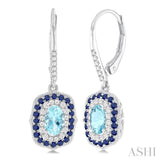 6x4 MM Oval Cut Aquamarine, 1.25 MM Sapphire and 1/3 Ctw Round Cut Diamond Halo Precious and Semi-Precious Fashion Earrings in 14K White Gold