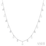 4 MM Round Shape Cultured Pearl and 1/4 Ctw Round Cut Diamond Station Necklace in 14K White Gold
