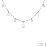 4 MM Round Shape Cultured Pearl and 1/4 Ctw Round Cut Diamond Station Necklace in 14K White Gold