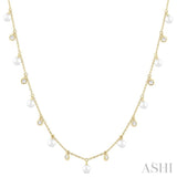 4 MM Round Shape Cultured Pearl and 1/4 Ctw Round Cut Diamond Station Necklace in 14K Yellow Gold