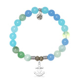 Multi Blue Jade Gemstone Bracelet with Faith. Hope. Love Sterling Silver Charm