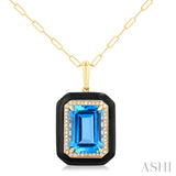 Black Enamel Blue Topaz & Diamond Halo Pendant