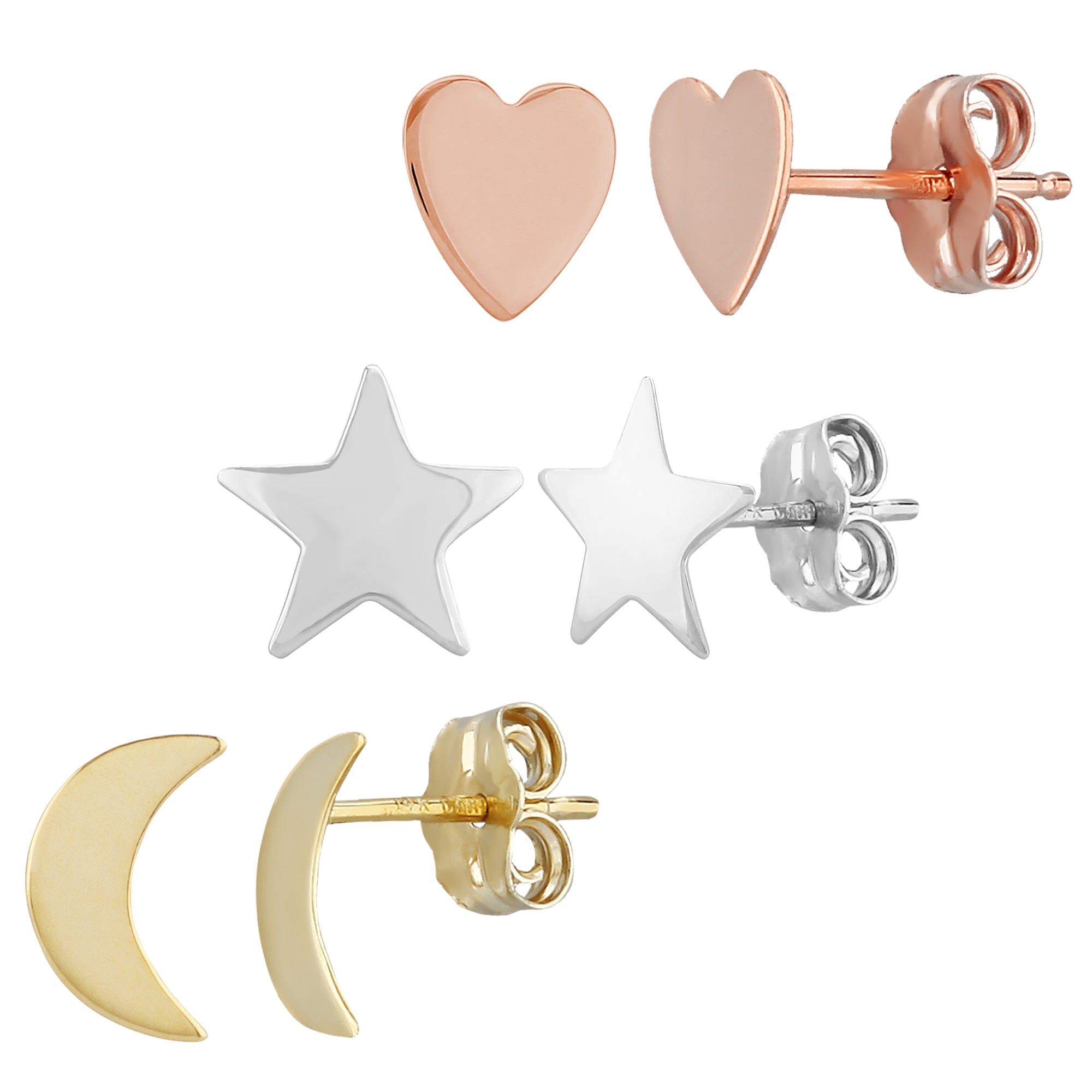 14k White, Yellow, and Rose Gold Heart, Moon, Star Stud Earring Collection