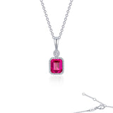 July Birthstone Necklace Sterling Silver with Emerald Shape Simulated Ruby and Simulated Diamonds