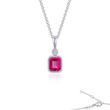 July Birthstone Necklace Sterling Silver with Emerald Shape Simulated Ruby and Simulated Diamonds