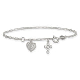 Silver CZ Heart & Cross Charm Bracelet