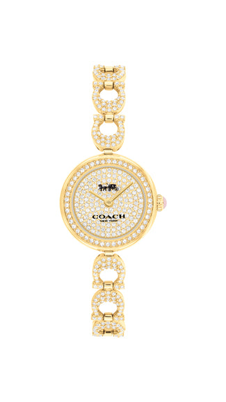 Women's Gracie, thin gold ionic plated stainless steel and crystal case and link bracelet, gold-toned metallic dial with crystal pavé, Quartz movement