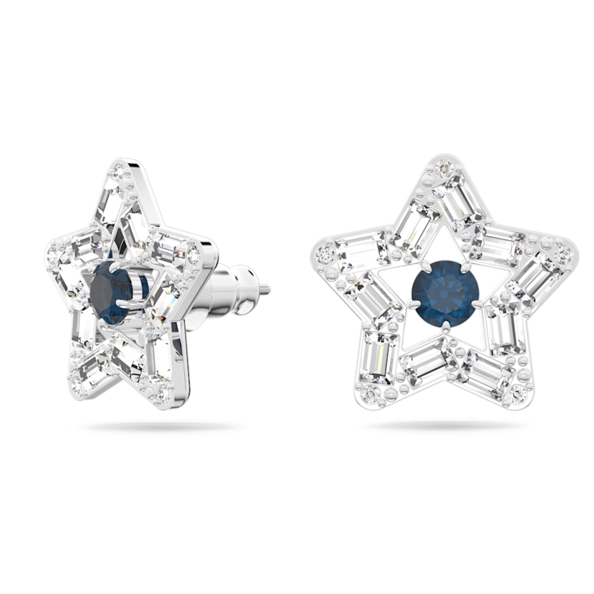 Swarovski Stella stud earrings, Star, Blue, Rhodium plated