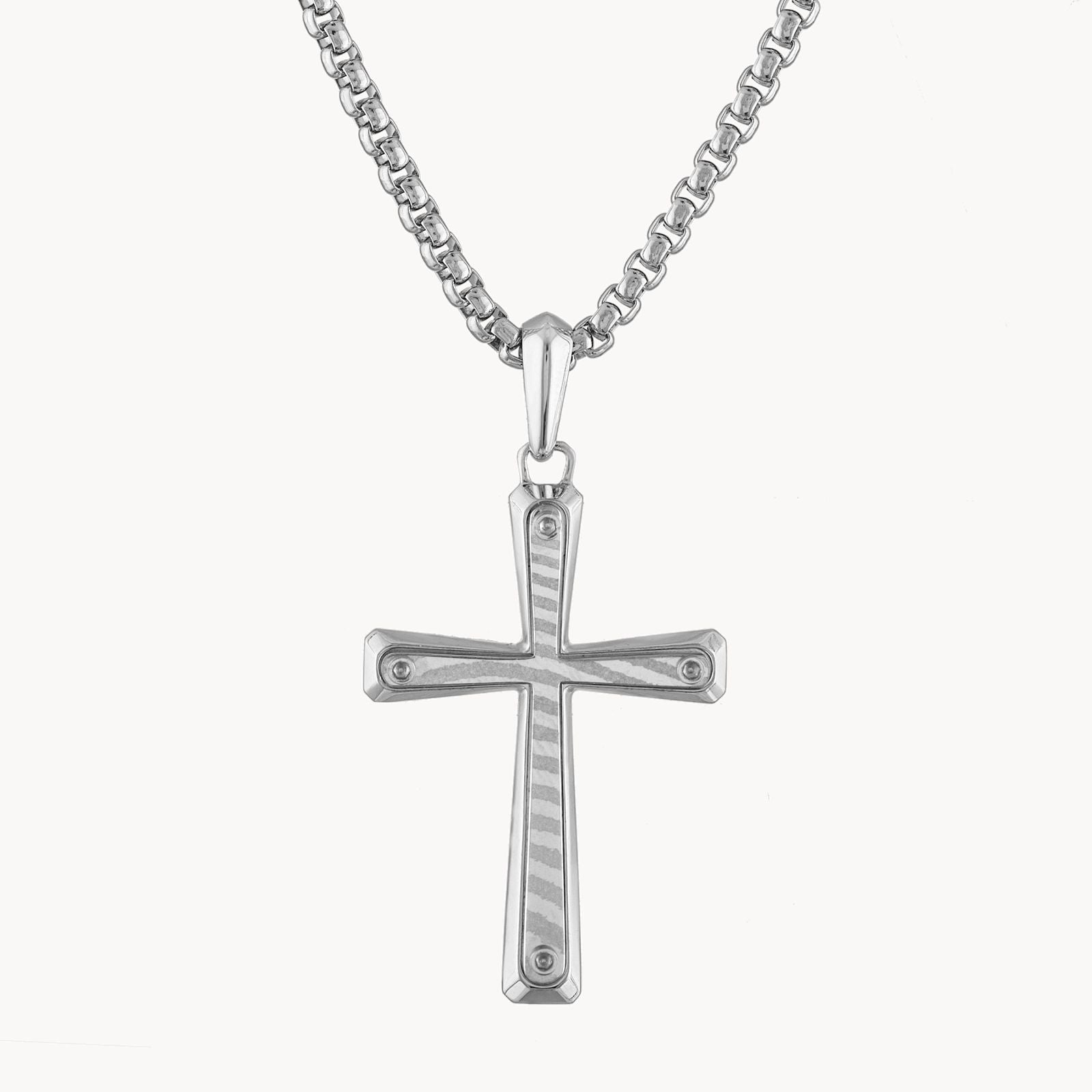 Bulova Sterling Silver Cross with Damascus Steel Inlay with 24" Box Chain