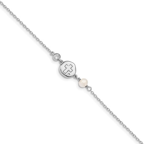 Sterling Silver RH-Plated CZ/Cross/FWC Pearl With 2in Ext Bracelet