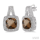 Silver Cushion Shape Smoky Quartz & Diamond Earrings