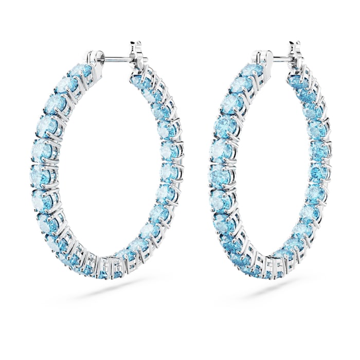 Swarovski Matrix hoop earrings Round cut, Blue, Rhodium plated