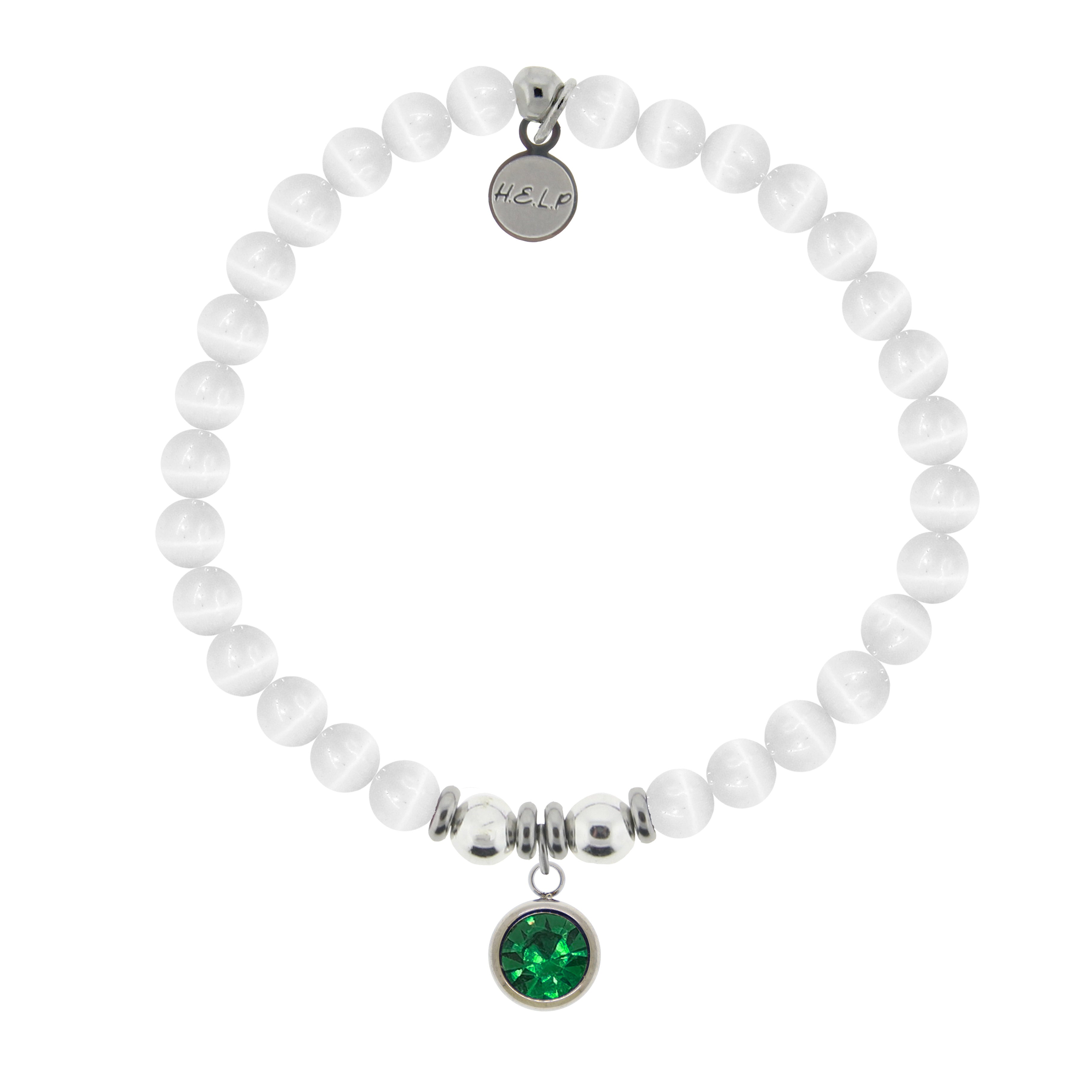HELP Collection: Birthstone Collection - May Emerald Crystal Charm with White Cats Eye Charity Bracelet