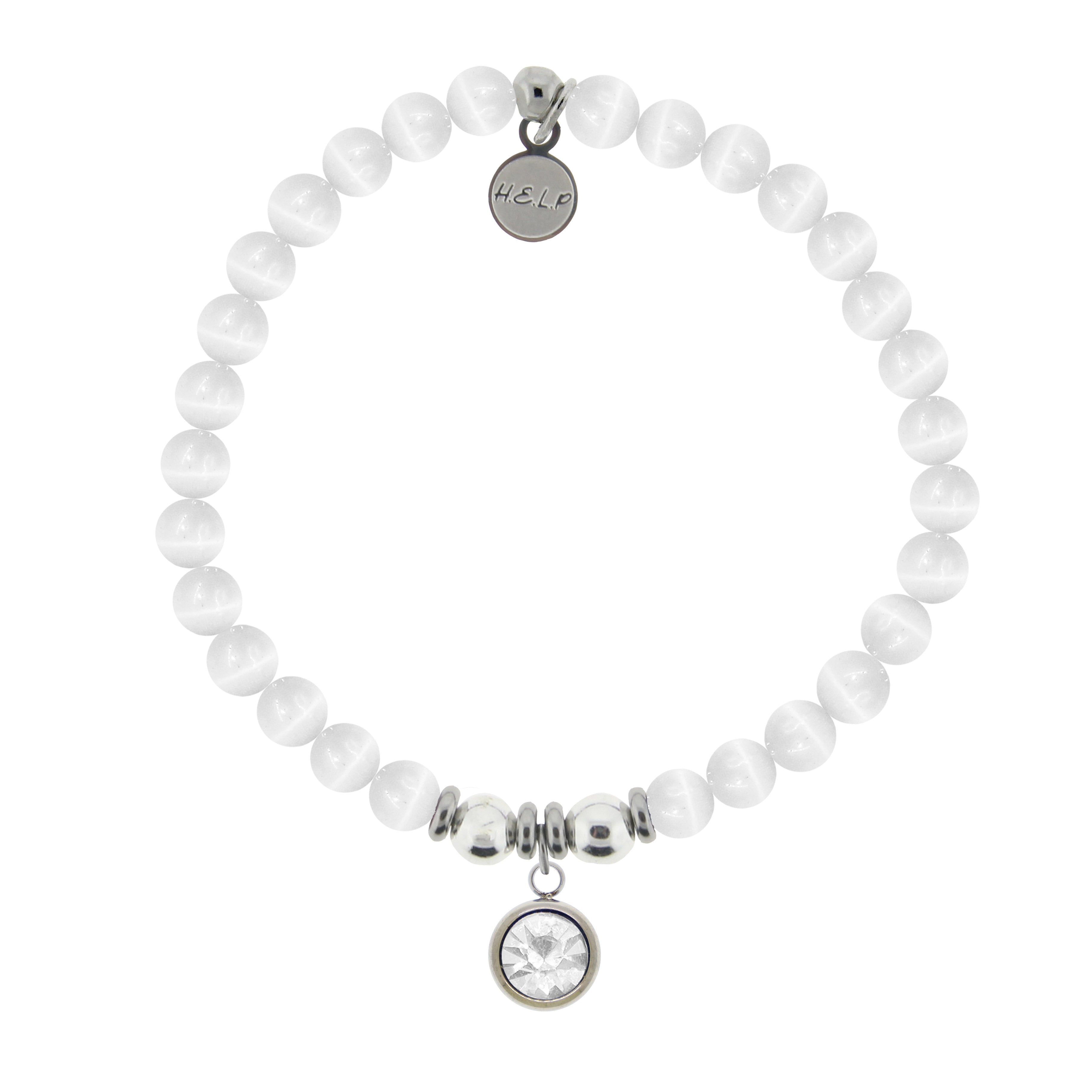 HELP Collection: Birthstone Collection - April Diamond Crystal Charm with White Cats Eye Charity Bracelet