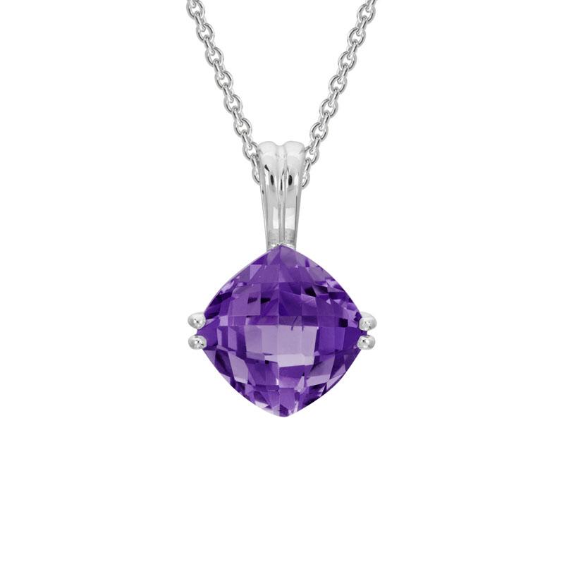 14k White Gold 6mm Cushion Shape Amethyst Pendant with 16-18" Adjustable Cable Chain