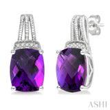 Silver Cushion Shape Amethyst & Diamond Earrings