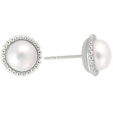 Silver Button Pearl Beaded Edge Earrings