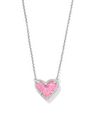 Kendra Scott Ari Heart Silver Pendant Necklace in Pink Iridescent Glitter Glass