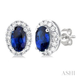 Oval Shape Gemstone & Halo Diamond Stud Earrings